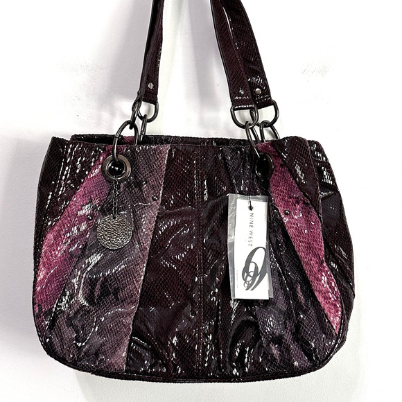 Nine West Purse Tote Snake Reptile Plum Berry Patch Party Y2K Retro Shiny NEW - Picture 1 of 9